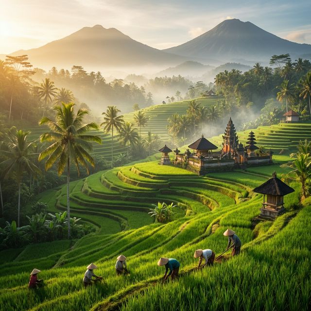 Bali Reisterrassen mit tropischen Palmen im Morgenlicht