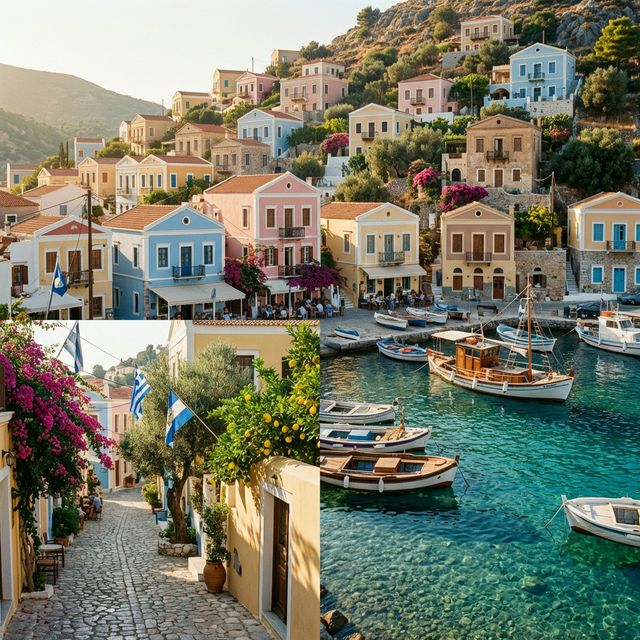 Verstecktes europäisches Küstendorf mit bunten Häusern am Hafen