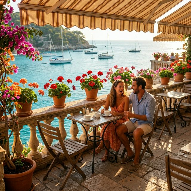 Paar genießt Kaffee auf einer mediterranen Terrasse mit Meerblick