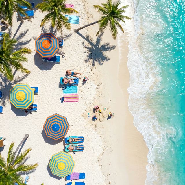 Tropischer Strand mit Palmen und bunten Sonnenschirmen von oben