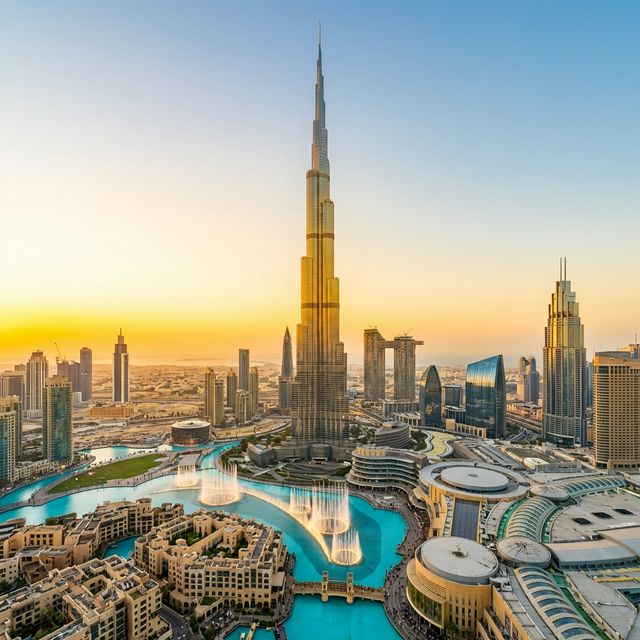 Dubai Skyline mit Burj Khalifa bei Sonnenuntergang über der Marina