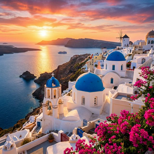Santorini Griechenland — weiße Gebäude mit blauen Kuppeln bei Sonnenuntergang